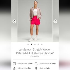 Lululemon Stretch Woven Relaxed-Fit High-Rise Short 4" Sz XS Cherry Mist